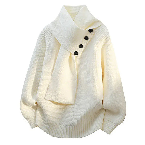 Mens Scarf Neck Sweater Casual Loose Button Knit Pullover Fall