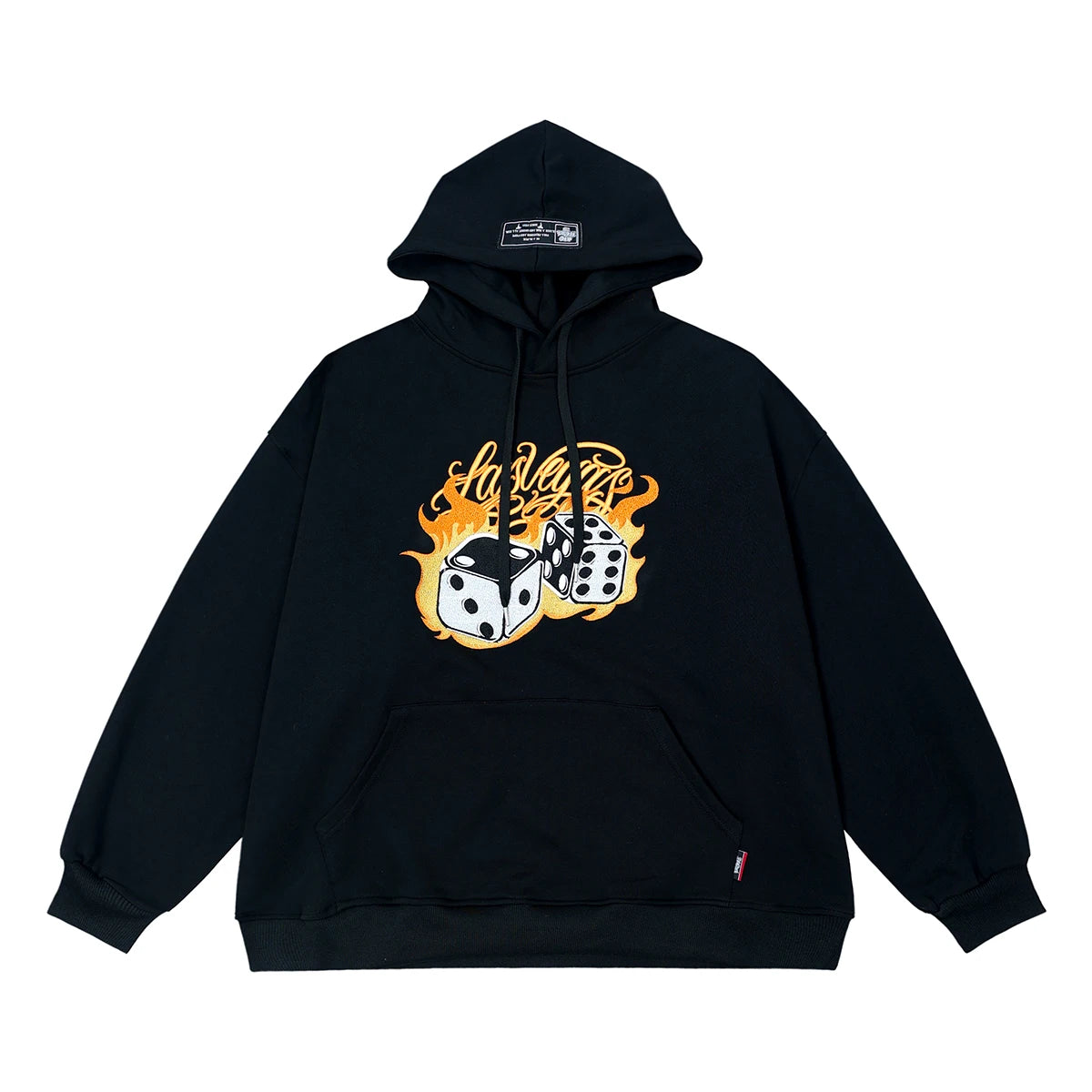 Men Oversized Black Hoodie with Flame