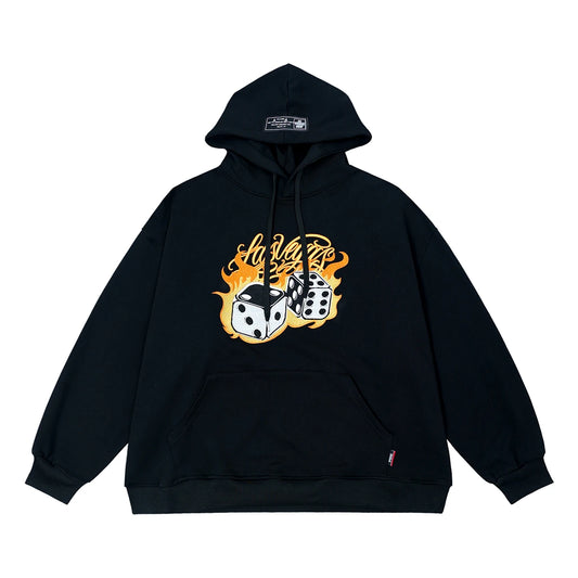 Men Oversized Black Hoodie with Flame