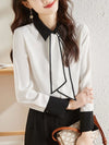 Womens White Polo Collar Shirt Tie Neck Long Sleeve Office Blouse