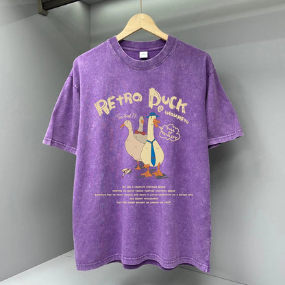Three Ducks Retro Cartoon T-shirt for Men Summer Washed