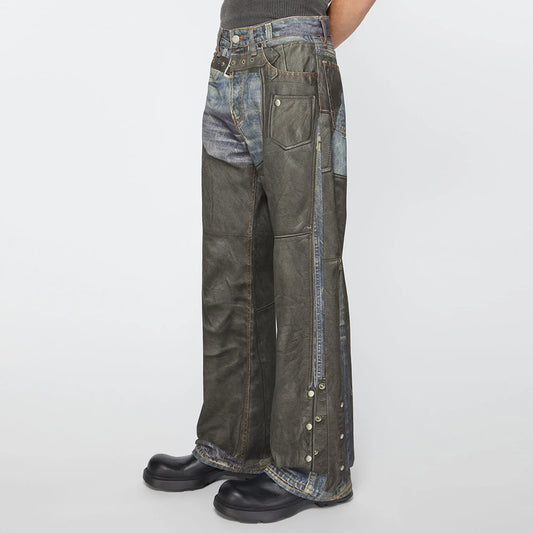 Men Leather Patchwork Baggy Jeans with Side Buttons