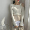 Womens Off Shoulder Knit Tee Y2K Slim Fit Sexy Solid Color Top