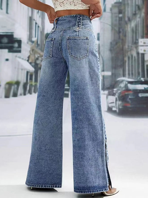 Mid Waist Wide Leg Jeans Women Blue Button Fly Loose Denim Pants