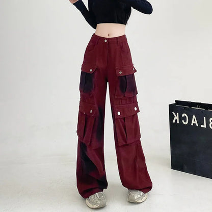 Women's Red High Waisted Cargo Jeans Wide Leg Streetwear Denim
