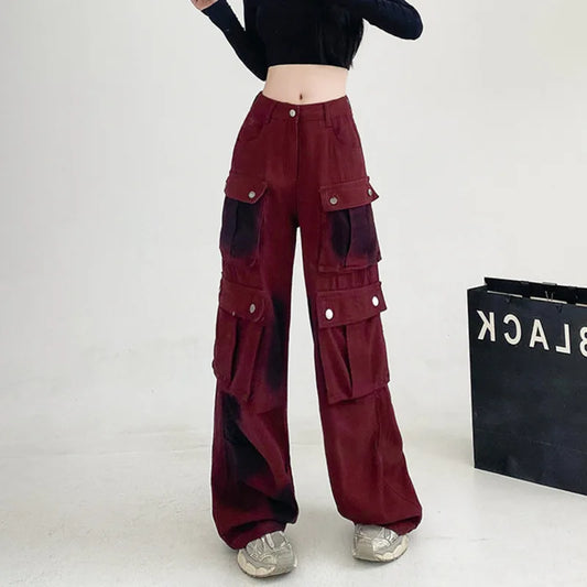 Women's Red High Waisted Cargo Jeans Wide Leg Streetwear Denim