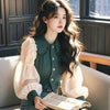 Western Style Green Splicing Blouse Women Puff Sleeve Shirt
