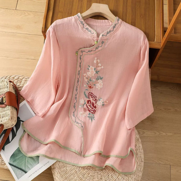 Womens Vintage Embroidered Top Cotton Linen Loose Summer Shirt