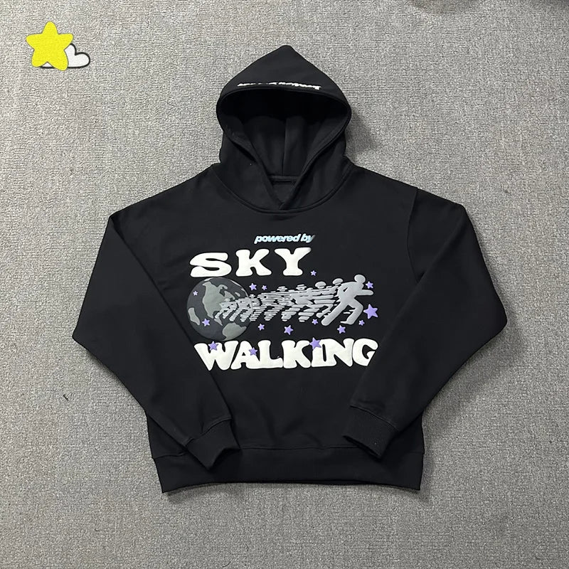 Men's Casual Foam Letters Graphic Hoodie High Quality Cotton Black Pullover