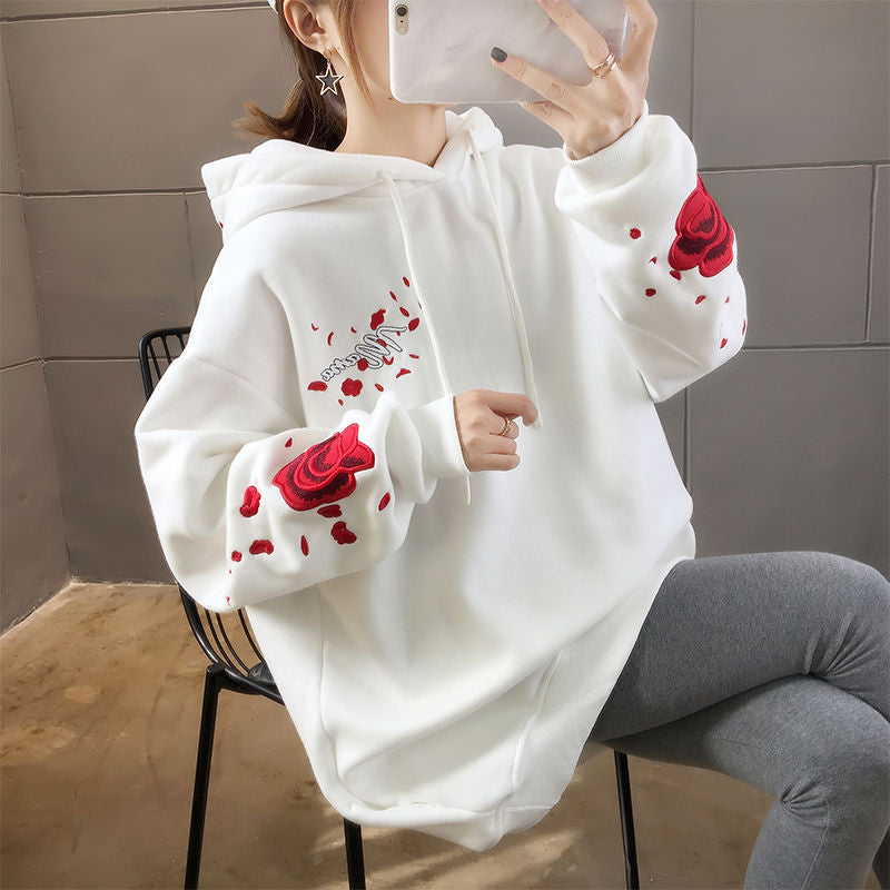 Weißer Vogel Anime Stickerei Hoodie Damen Pullover Top Plus Größe locker lässig