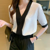 V Neck Contrast Color Blouse Women Short Sleeve Chiffon Office Top