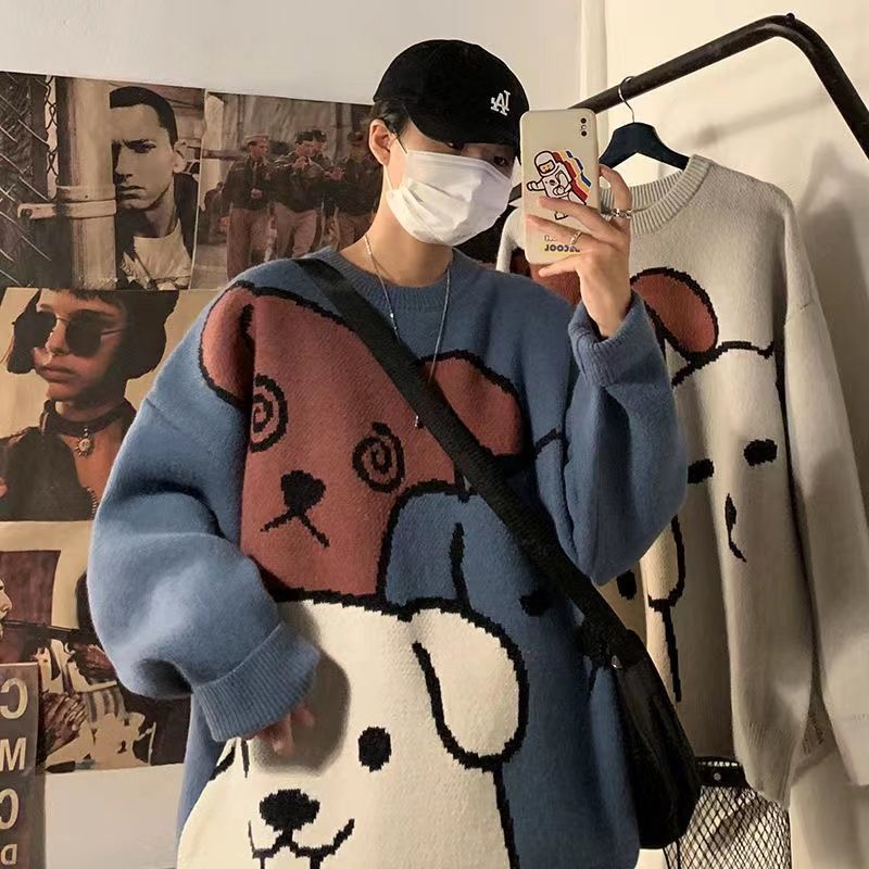 Sweater men loose autumn and winter Japanese retro cartoon Male bottoming shirt pullovers - xinnzy