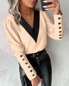 Womens V Neck Button Blouse Color Block Long Sleeve Office Shirt