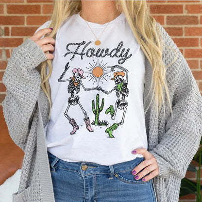 Vintage Howdy Skeleton Cowgirl Tee Summer Western Shirt Women