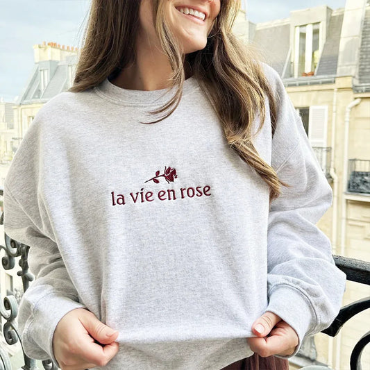 La Vie En Rose Embroidered Sweatshirt Vintage Loose French Pullover