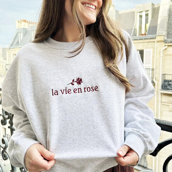 La Vie En Rose Embroidered Sweatshirt Vintage Loose French Pullover