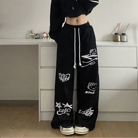 Straight Pajamas Sweatpants Autumn Loose High Hello Kitty Waist Trousers