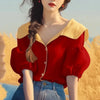 Korean Style Chic Color Blocked Puff Sleeve Collared Blouse for Women