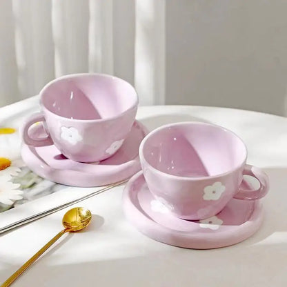 250ml Ceramic Mug Japanese Retro Hand-Painted Purple Small Flower Cups with Saucers