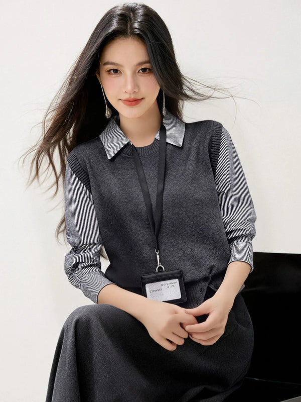 Womens Mock Layered Sweater Shirt Collar Knit Fall Top