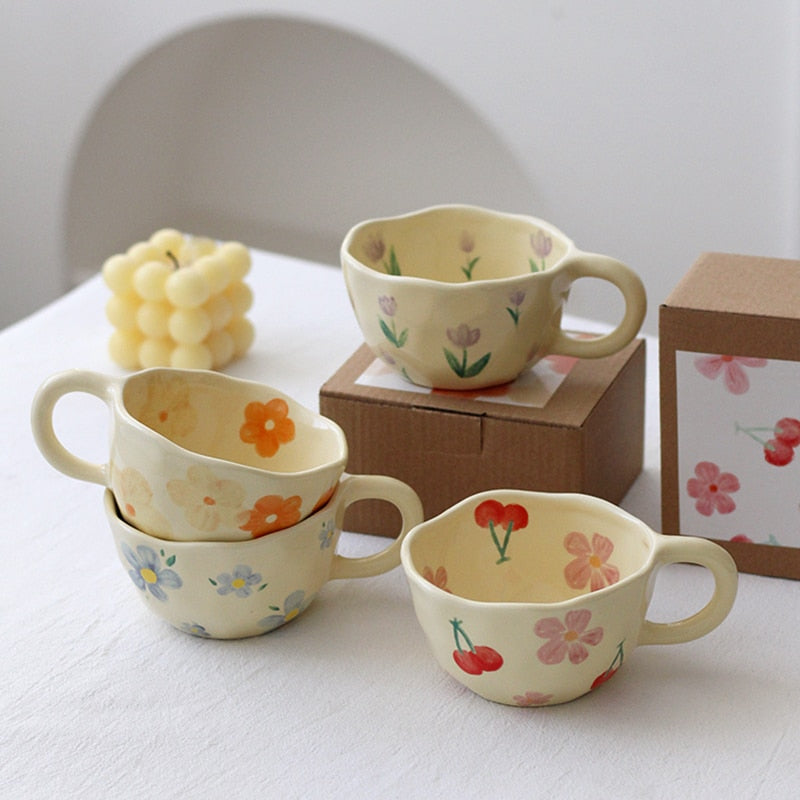Ceramic Mugs Coffee Cups Hand Pinched Irregular Flower Milk Tea korean style