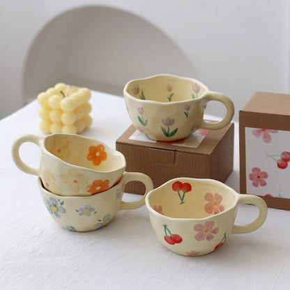 Ceramic Mugs Coffee Cups Hand Pinched Irregular Flower Milk Tea korean style