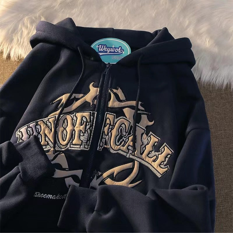 American Retro Letter Embroidery Hoodies Hip Hop Loose Couple Cardigan Coat Original National Tide Sweatshirt