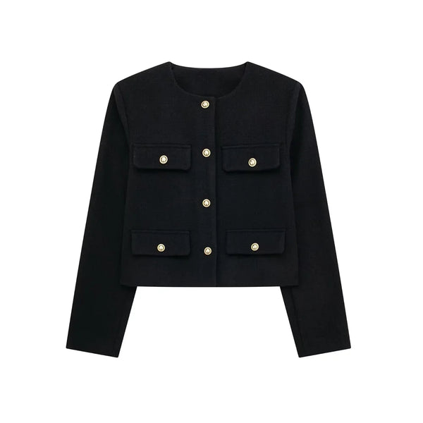 Women's Gold Button Jacket - Long Sleeve Coat Outerwear