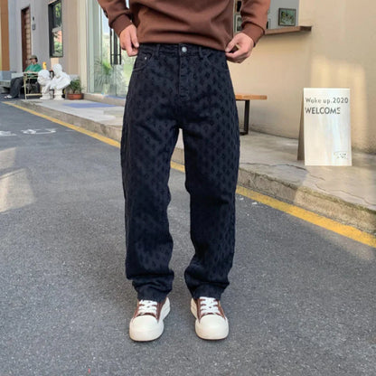 American Style Red Jeans Men's Street Fashion Loose Embroidery Wide Leg