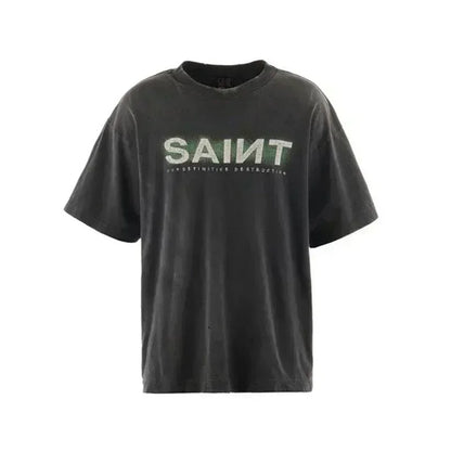 25SS Vintage Grey Saint T-Shirt Streetwear Character Logo Print Cotton