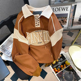 American Retro Waffle Polo Lace-Up Hoodie Preppy Style Raglan Sleeve Sweatshirt