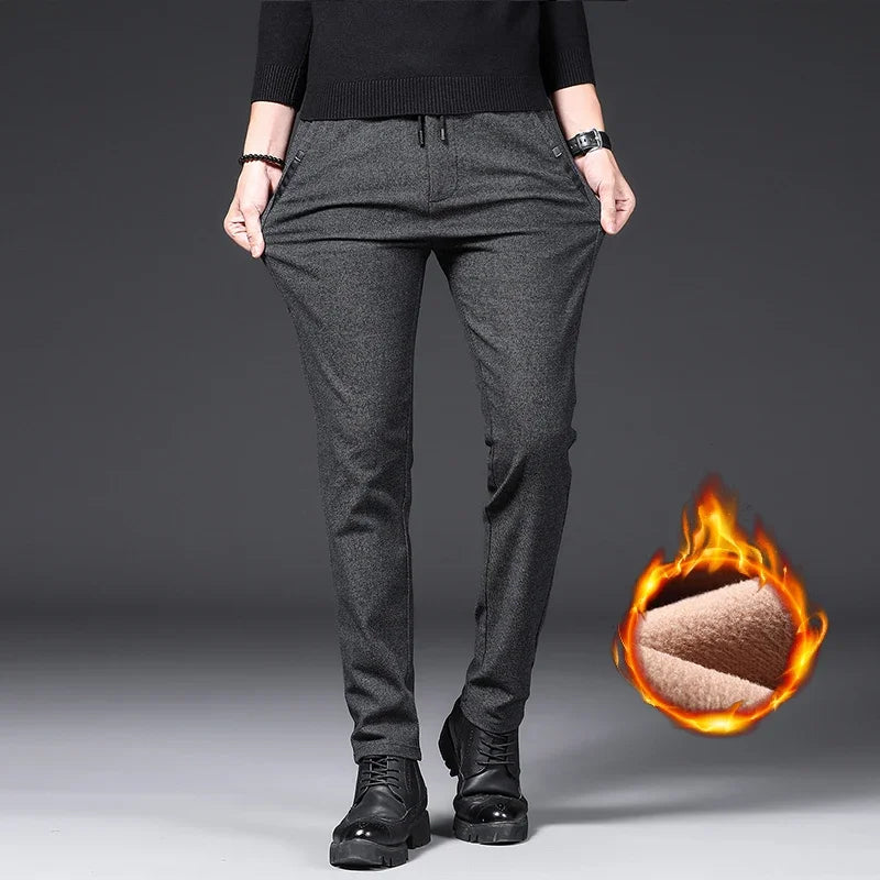 Winter Plush Trousers Men Business Fleece Pants Fashion