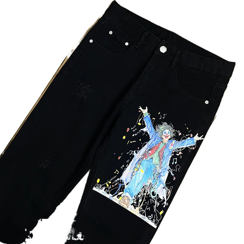 2024 Autumn Clown Print Black Jeans for Men Slim Fit Street Style