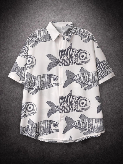 Oversized American Fried Fish Print Shorts Men's Summer Casual Tee