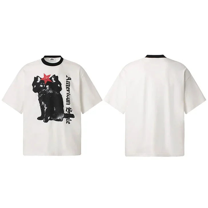 Men Hip Hop Oversized T-Shirt Hybrid Cat Graphic