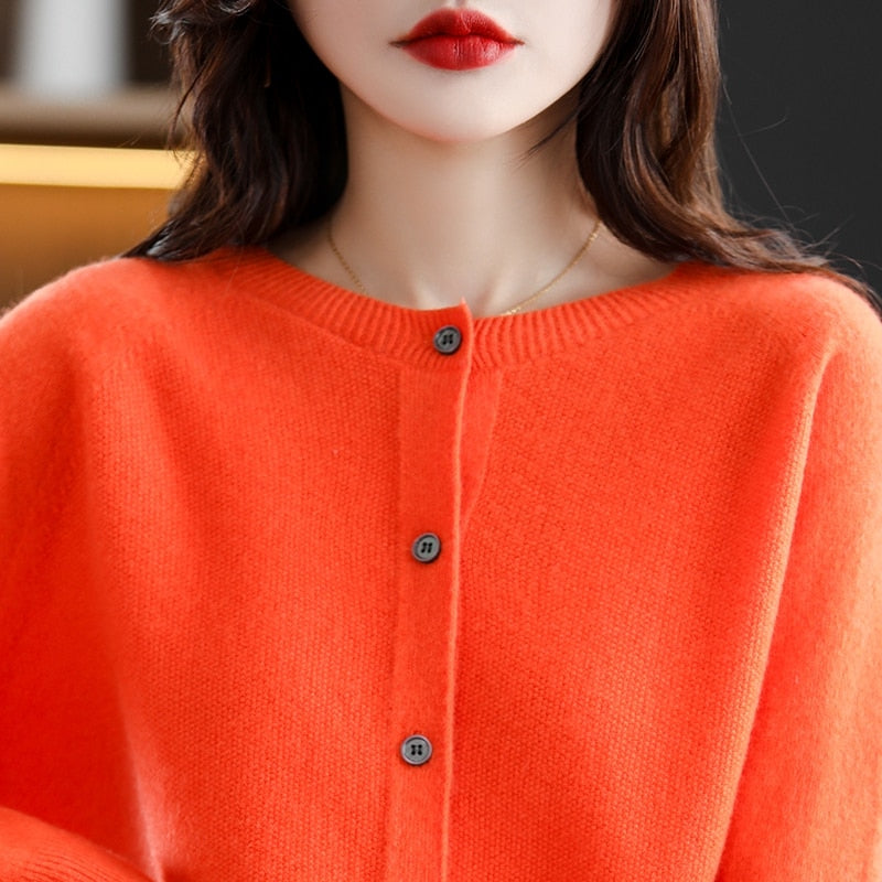 Autumn Cardigan Wool Natural Fiber Round Neck Raglan Sleeves Fashion Sweater Seamless One Line - xinnzy