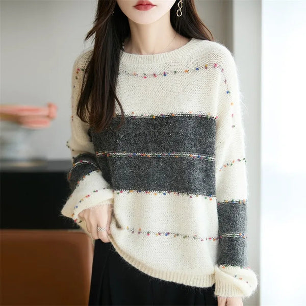 Plus Size Sequin Sweater Womens Color Block Stripe Knit Pullover