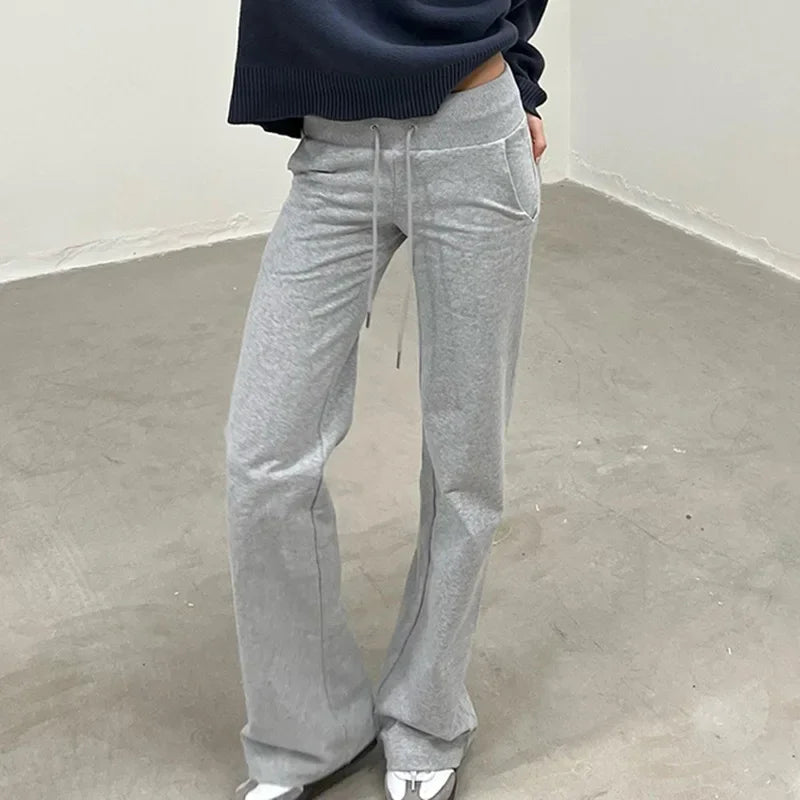 Y2K Grey Straight Sweatpants with Pockets Korean Style