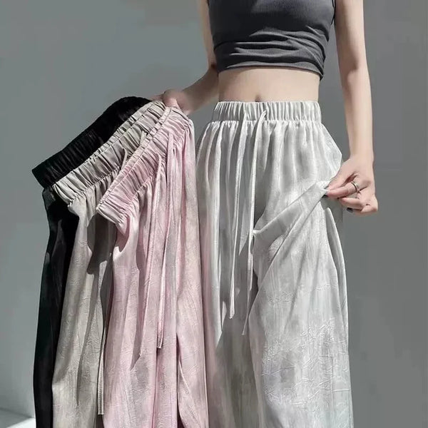 Satin Tie Dye Wideleg Pants Women Drawstring Draped Straight Pants