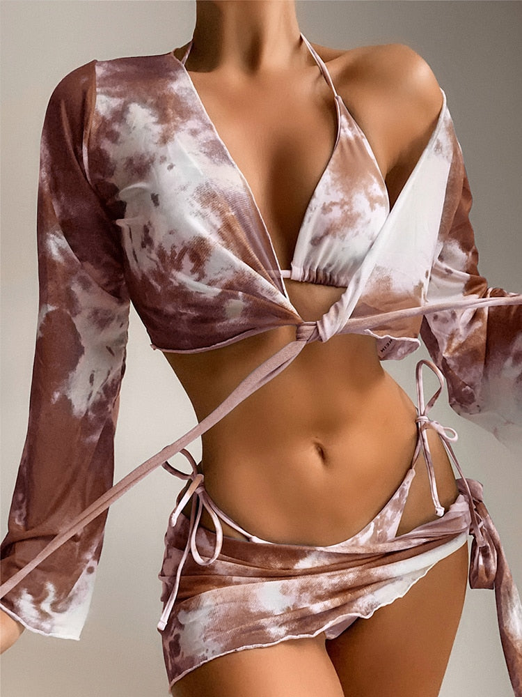 Swimsuit Women Tie Dye Bikini Print Long Sleeve Swimwear String Low Waist