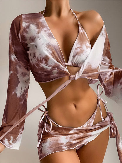 Swimsuit Women Tie Dye Bikini Print Long Sleeve Swimwear String Low Waist