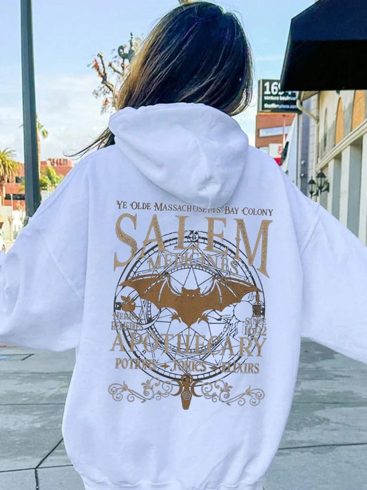 Vintage Bat Graphic Hoodie Women Warm Fleece Pullover