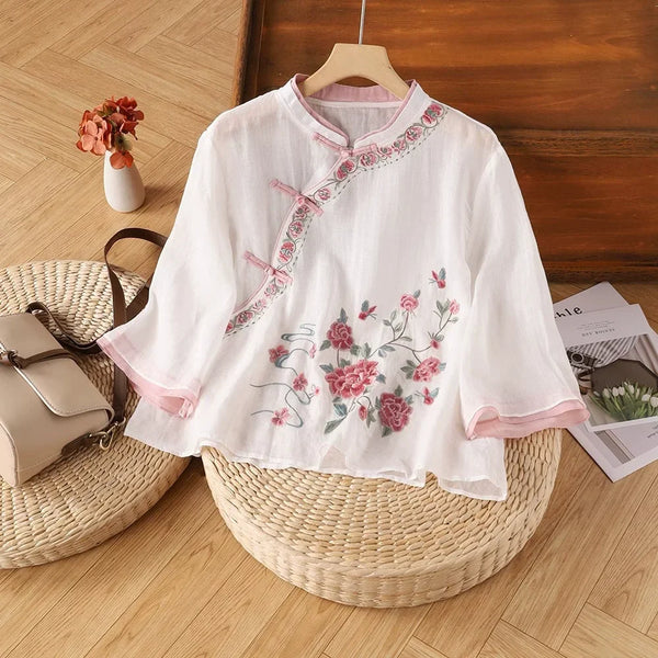Womens Vintage Embroidered Top Cotton Linen Loose Summer Shirt