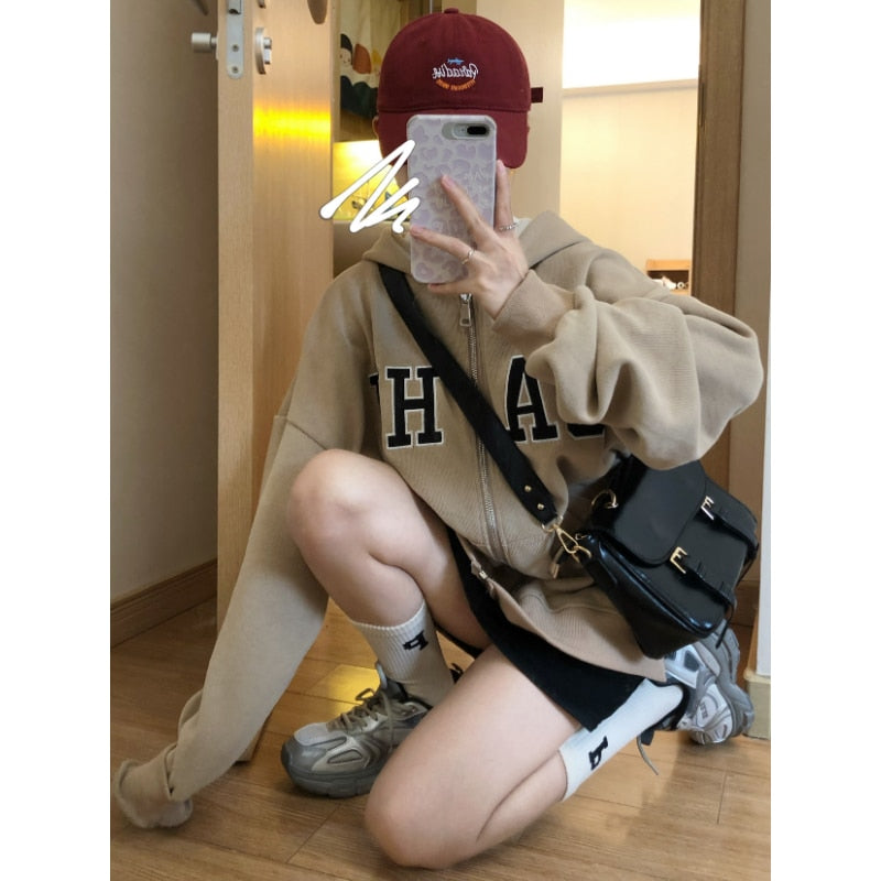 Hoodie Women Kpop Oversize Zip Sweatshirt Streetwear Casual Vintage