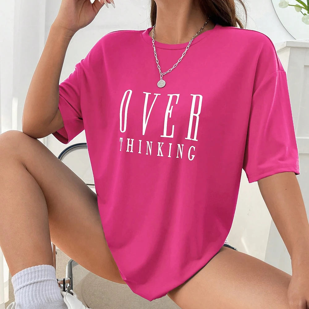 Over Thinking Letter Print Women Cotton Short Sleeve Breathable Vintage O-Neck