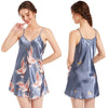 Satin Pajamas Nightgown Women V Neck Crane Print Spaghetti Strap Sleepwear