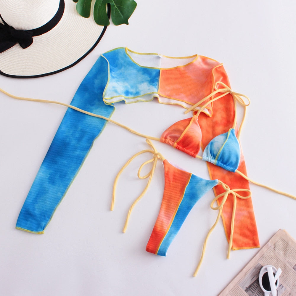 Bikini Set Tie Dye Bedruckter Badeanzug Damen Sexy mit langärmeligen Oberteilen