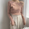 Womens Off Shoulder Knit Tee Y2K Slim Fit Sexy Solid Color Top