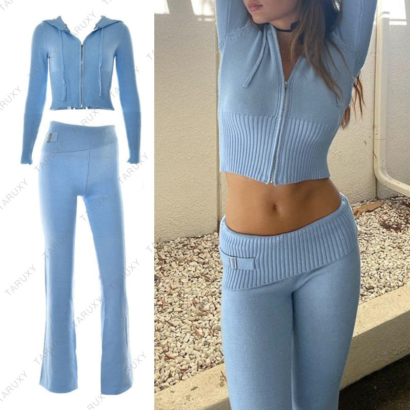 Women Y2k Sweater Hoodie Outfits Casual Zipper Set High Waist