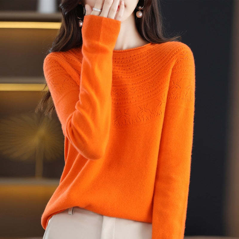 Autumn Winter New Seamless One-Line Pullover WooL Round S Neck UpperBody Hollow - xinnzy